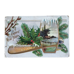 Antique Postcard New Year Christmas Victorian Farm Snow Holly Embossed Vtg 1911